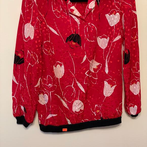 Vintage M long sleeve button up blouse tulip floral polka dot AOP red white - Picture 3 of 8